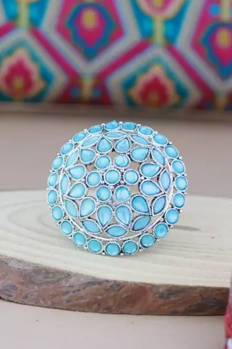Navratri ethnic silver oxidized turquoise kundan work designer adjustable finger ring for women 