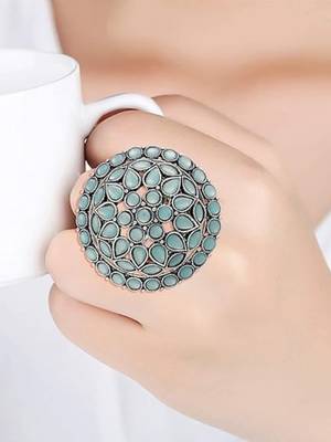 Navratri ethnic silver oxidized turquoise kundan work designer adjustable finger ring for women  2