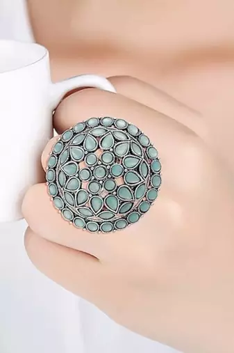 Navratri ethnic silver oxidized turquoise kundan work designer adjustable finger ring for women 