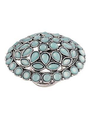 Navratri ethnic silver oxidized turquoise kundan work designer adjustable finger ring for women  3