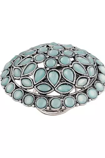 Navratri ethnic silver oxidized turquoise kundan work designer adjustable finger ring for women 