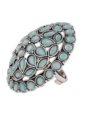 Navratri ethnic silver oxidized turquoise kundan work designer adjustable finger ring for women  4