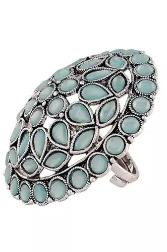 Navratri ethnic silver oxidized turquoise kundan work designer adjustable finger ring for women 