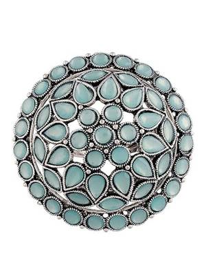 Navratri ethnic silver oxidized turquoise kundan work designer adjustable finger ring for women  5