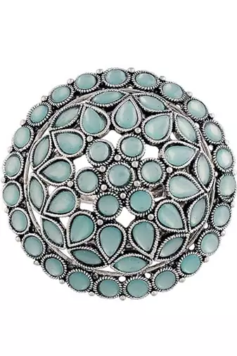 Navratri ethnic silver oxidized turquoise kundan work designer adjustable finger ring for women 