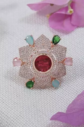 Rose gold plated special multicolor floral design diamond adjustable finger ring for women/girls 