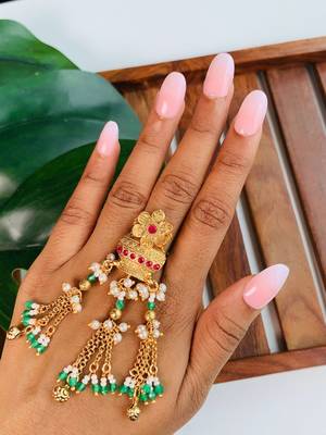 Rajwadi plated adjustable brass finger ring with hanging chains & beads for women (fl273) 1