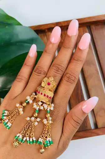 Rajwadi plated adjustable brass finger ring with hanging chains & beads for women (fl273)