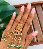 Rajwadi plated adjustable brass finger ring with hanging chains & beads for women (fl273)