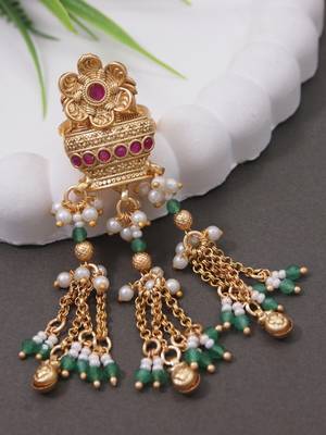 Rajwadi plated adjustable brass finger ring with hanging chains & beads for women (fl273) 2