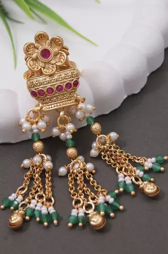 Rajwadi plated adjustable brass finger ring with hanging chains & beads for women (fl273)