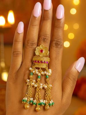 Rajwadi plated adjustable brass finger ring with hanging chains & beads for women (fl273) 3