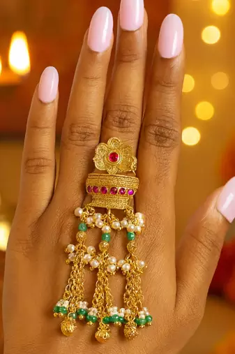 Rajwadi plated adjustable brass finger ring with hanging chains & beads for women (fl273)