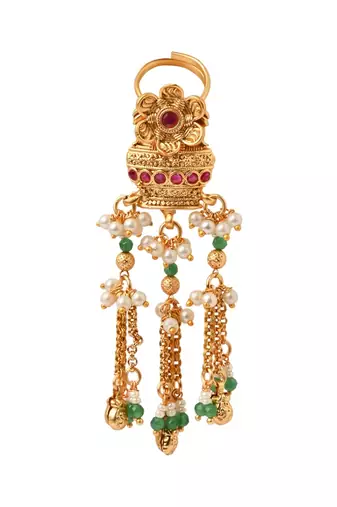 Rajwadi plated adjustable brass finger ring with hanging chains & beads for women (fl273)