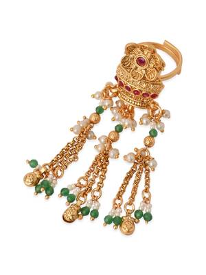 Rajwadi plated adjustable brass finger ring with hanging chains & beads for women (fl273) 5