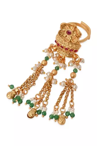 Rajwadi plated adjustable brass finger ring with hanging chains & beads for women (fl273)