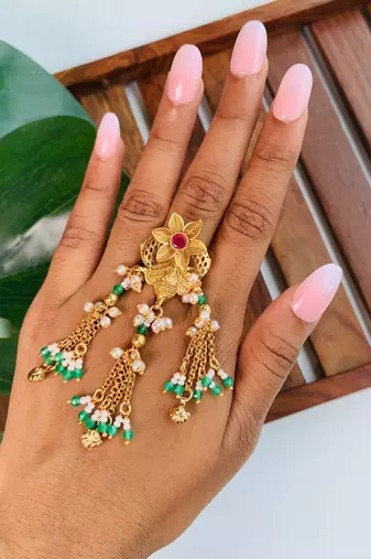 Rajwadi plated brass adjustable finger ring with floral dome design & pearl tassel chains for women 