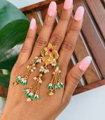 Rajwadi plated brass adjustable finger ring with floral dome design & pearl tassel chains for women 