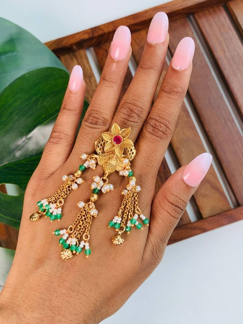 Rajwadi plated brass adjustable finger ring with floral dome design & pearl tassel chains for women 