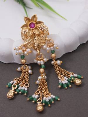 Rajwadi plated brass adjustable finger ring with floral dome design & pearl tassel chains for women  2