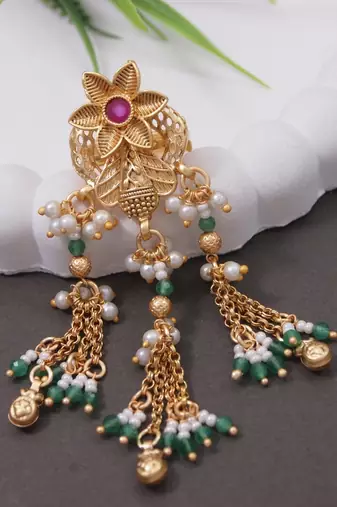Rajwadi plated brass adjustable finger ring with floral dome design & pearl tassel chains for women 