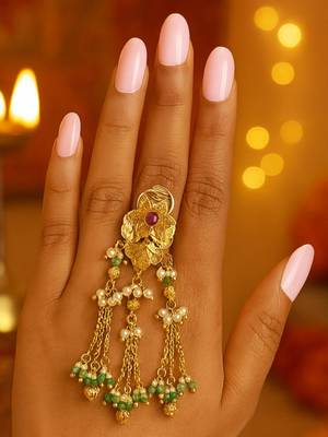 Rajwadi plated brass adjustable finger ring with floral dome design & pearl tassel chains for women  3