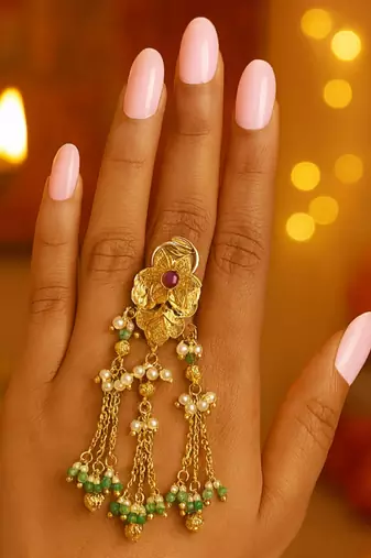 Rajwadi plated brass adjustable finger ring with floral dome design & pearl tassel chains for women 