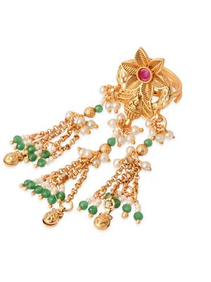 Rajwadi plated brass adjustable finger ring with floral dome design & pearl tassel chains for women  4