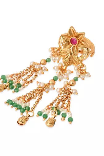Rajwadi plated brass adjustable finger ring with floral dome design & pearl tassel chains for women 