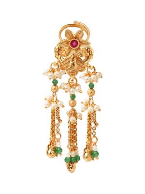 Rajwadi plated brass adjustable finger ring with floral dome design & pearl tassel chains for women  5