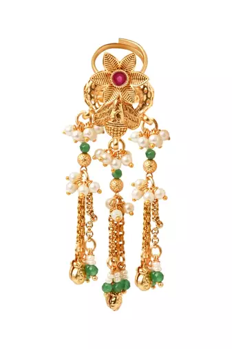 Rajwadi plated brass adjustable finger ring with floral dome design & pearl tassel chains for women 