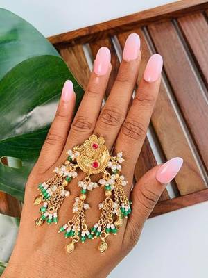 Gold plated brass adjustable finger ring with traditional design & multi chain detailing for women  1