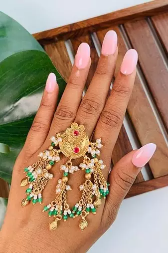Gold plated brass adjustable finger ring with traditional design & multi chain detailing for women 