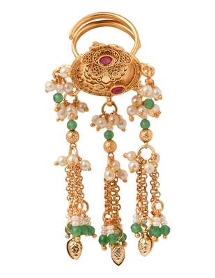 Gold plated brass adjustable finger ring with traditional design & multi chain detailing for women  2