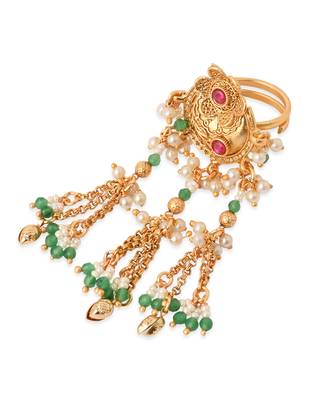 Gold plated brass adjustable finger ring with traditional design & multi chain detailing for women  3