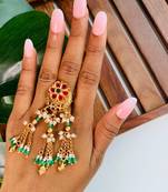 Rajwadi plated brass adjustable finger ring with floral design, pearl beads & green latkan chains for women 