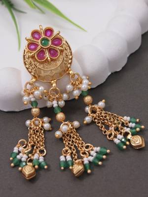 Rajwadi plated brass adjustable finger ring with floral design, pearl beads & green latkan chains for women  2
