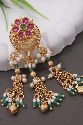 Rajwadi plated brass adjustable finger ring with floral design, pearl beads & green latkan chains for women 