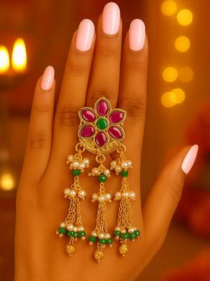 Rajwadi plated brass adjustable finger ring with floral design, pearl beads & green latkan chains for women  3