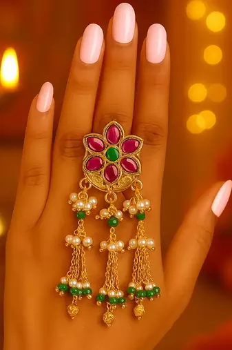 Rajwadi plated brass adjustable finger ring with floral design, pearl beads & green latkan chains for women 