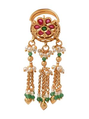 Rajwadi plated brass adjustable finger ring with floral design, pearl beads & green latkan chains for women  4