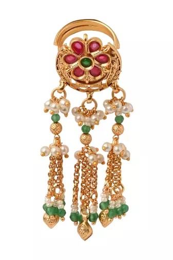 Rajwadi plated brass adjustable finger ring with floral design, pearl beads & green latkan chains for women 