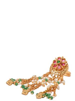 Rajwadi plated brass adjustable finger ring with floral design, pearl beads & green latkan chains for women  5