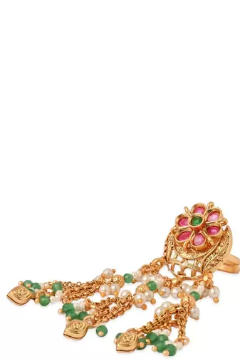 Rajwadi plated brass adjustable finger ring with floral design, pearl beads & green latkan chains for women 