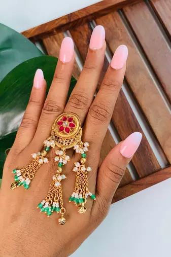 Rajwadi plated brass adjustable finger ring with pearl beads & green latkan chain detailing for women 