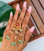 Rajwadi plated brass adjustable finger ring with pearl beads & green latkan chain detailing for women 