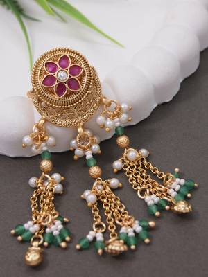 Rajwadi plated brass adjustable finger ring with pearl beads & green latkan chain detailing for women  2