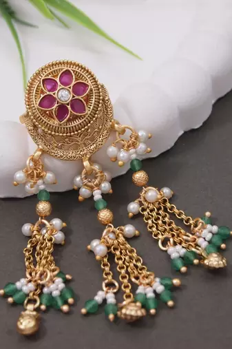 Rajwadi plated brass adjustable finger ring with pearl beads & green latkan chain detailing for women 