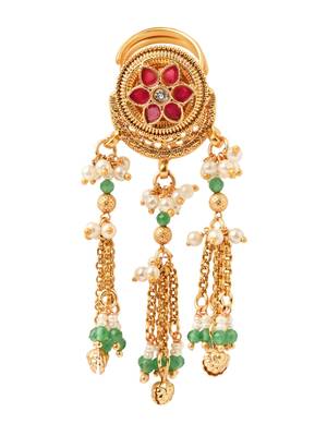 Rajwadi plated brass adjustable finger ring with pearl beads & green latkan chain detailing for women  3