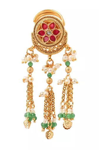 Rajwadi plated brass adjustable finger ring with pearl beads & green latkan chain detailing for women 
